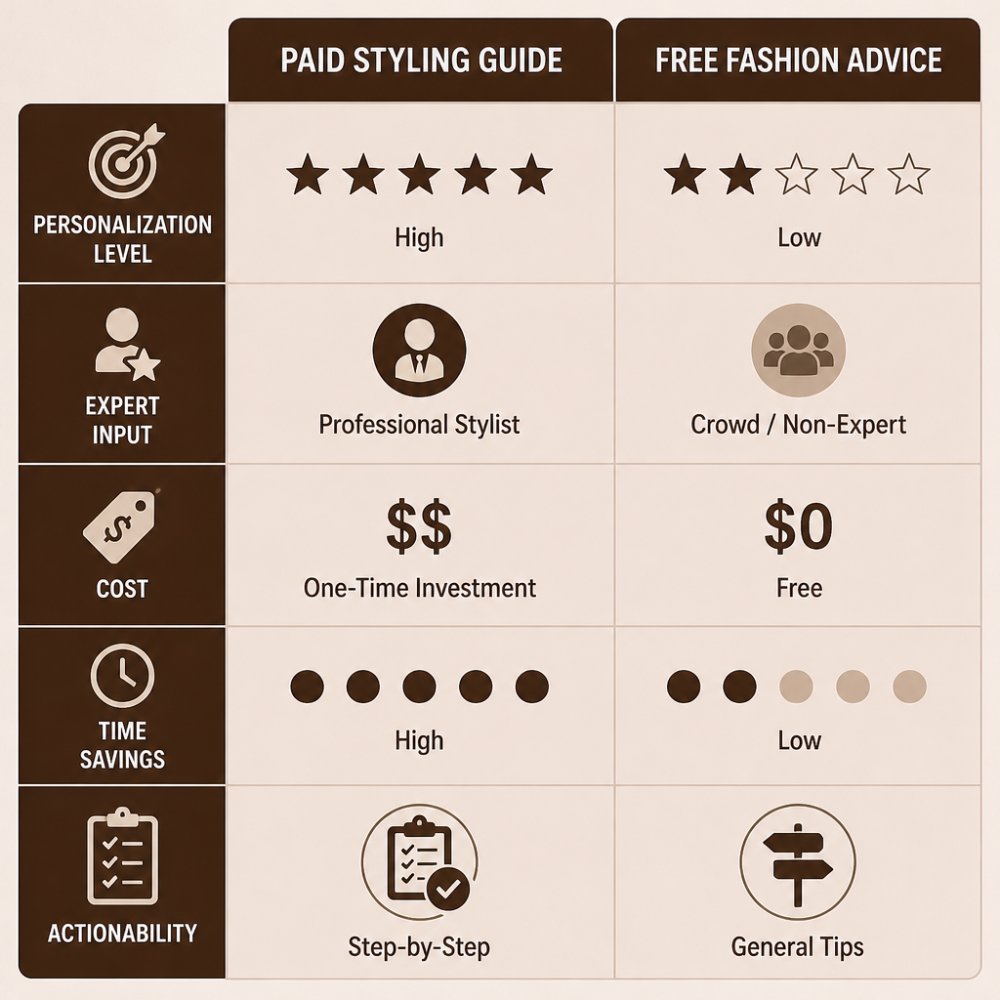 Comparison matrix of paid professional styling guides versus free fashion advice across five criteria: personalization level, expert input, cost, time savings, and actionability