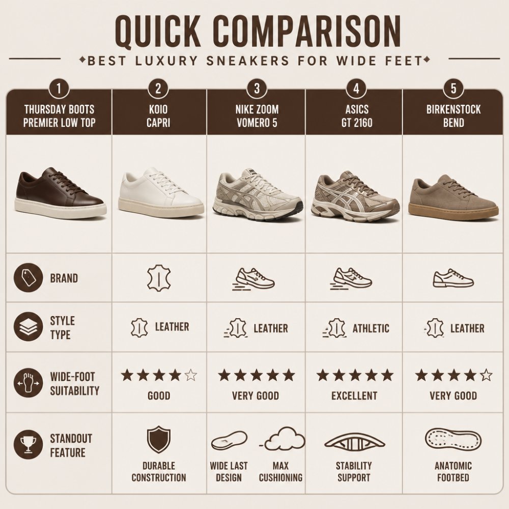 Comparison matrix of five sneakers showing brand, style type (leather vs. athletic), reported wide-foot suitability, and standout feature columns: Thursday Boots Premier Low Top, Koio Capri, Nike Zoom Vomero 5, ASICS GT 2160, Birkenstock Bend