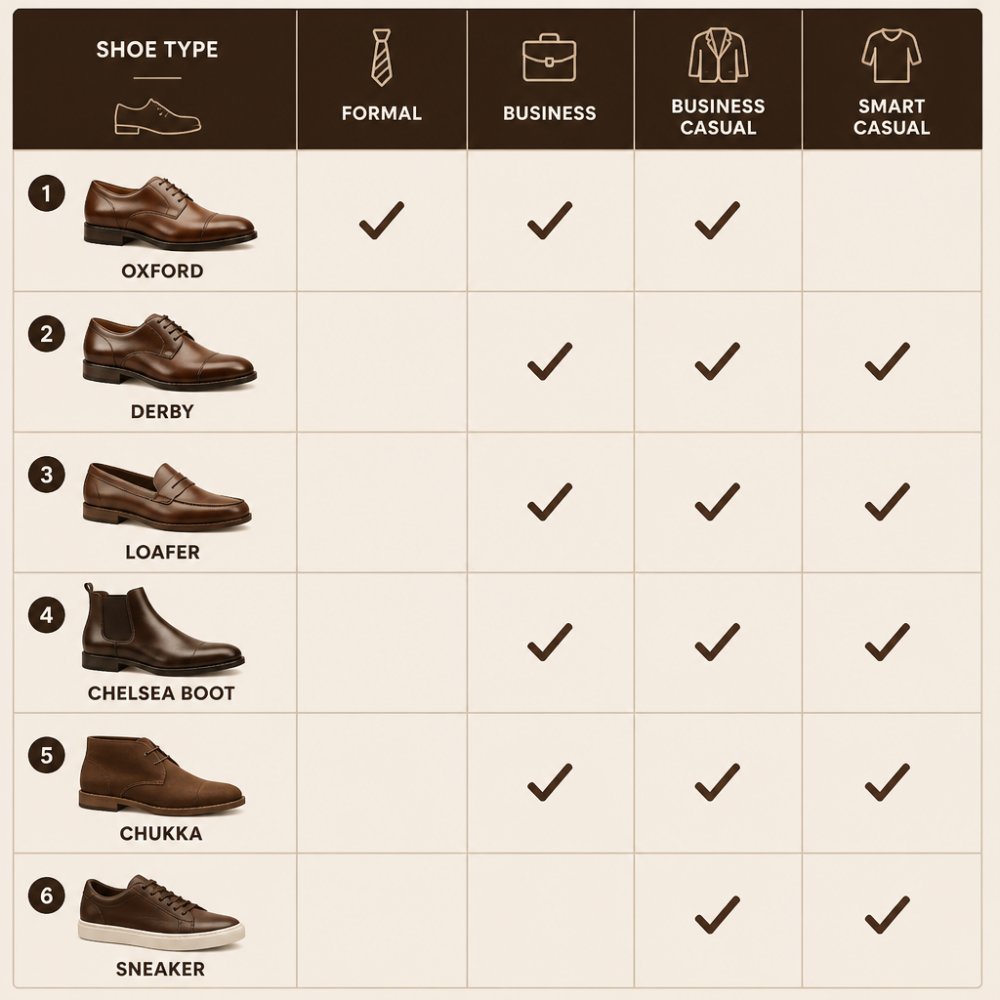 Decision matrix mapping six shoe types (Oxford, derby, loafer, Chelsea boot, chukka, sneaker) against four dress codes (formal, business, business casual, smart casual) with checkmarks showing coverage