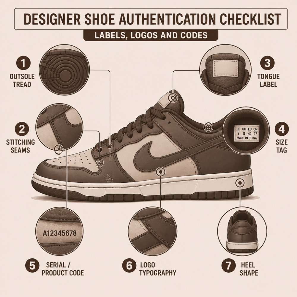 7-step inspection diagram to verify authentic designer footwear via logos, stitching, and serial codes.