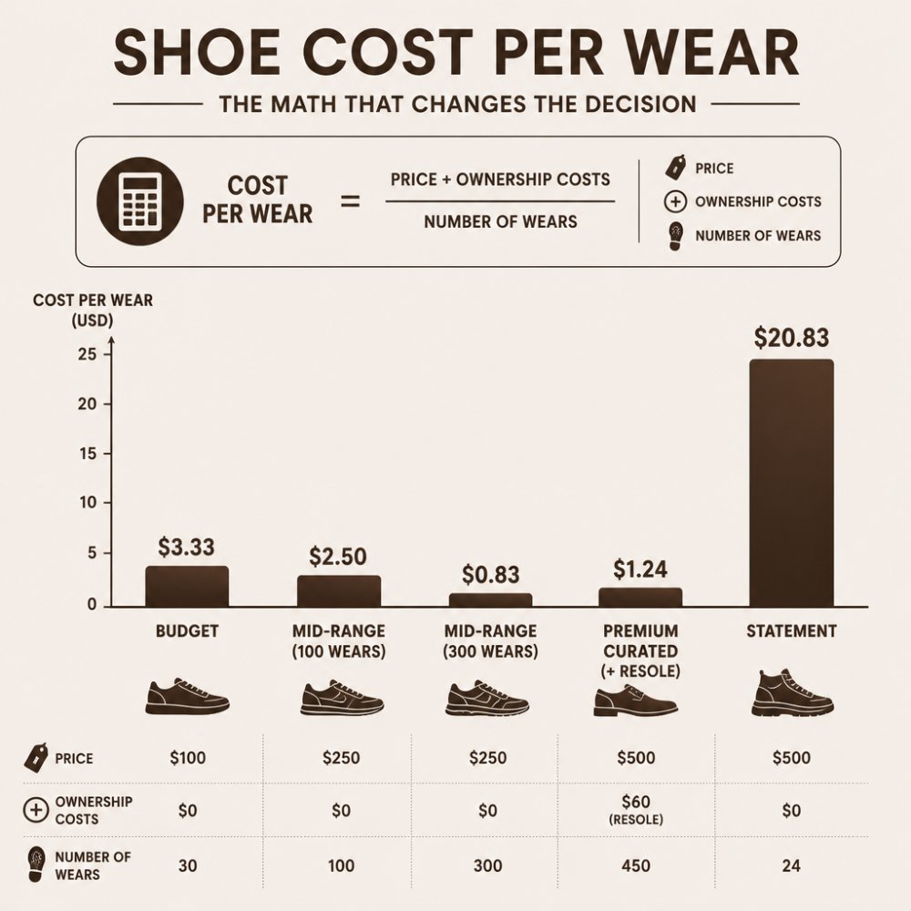 Bar chart comparing cost per wear for budget, mid-range, and curated footwear across various use scenarios.