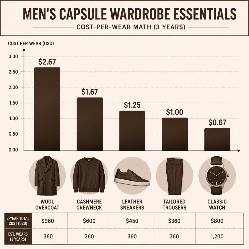 Bar chart comparing cost per wear over 3 years for five capsule pieces: wool overcoat $2.67, cashmere crewneck $1.67, leather sneakers $1.25, tailored trousers $1.00, classic watch $0.67
